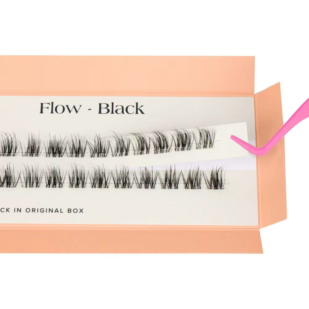 Set of false eyelashes in a pink box with 'Flow - Black' text.