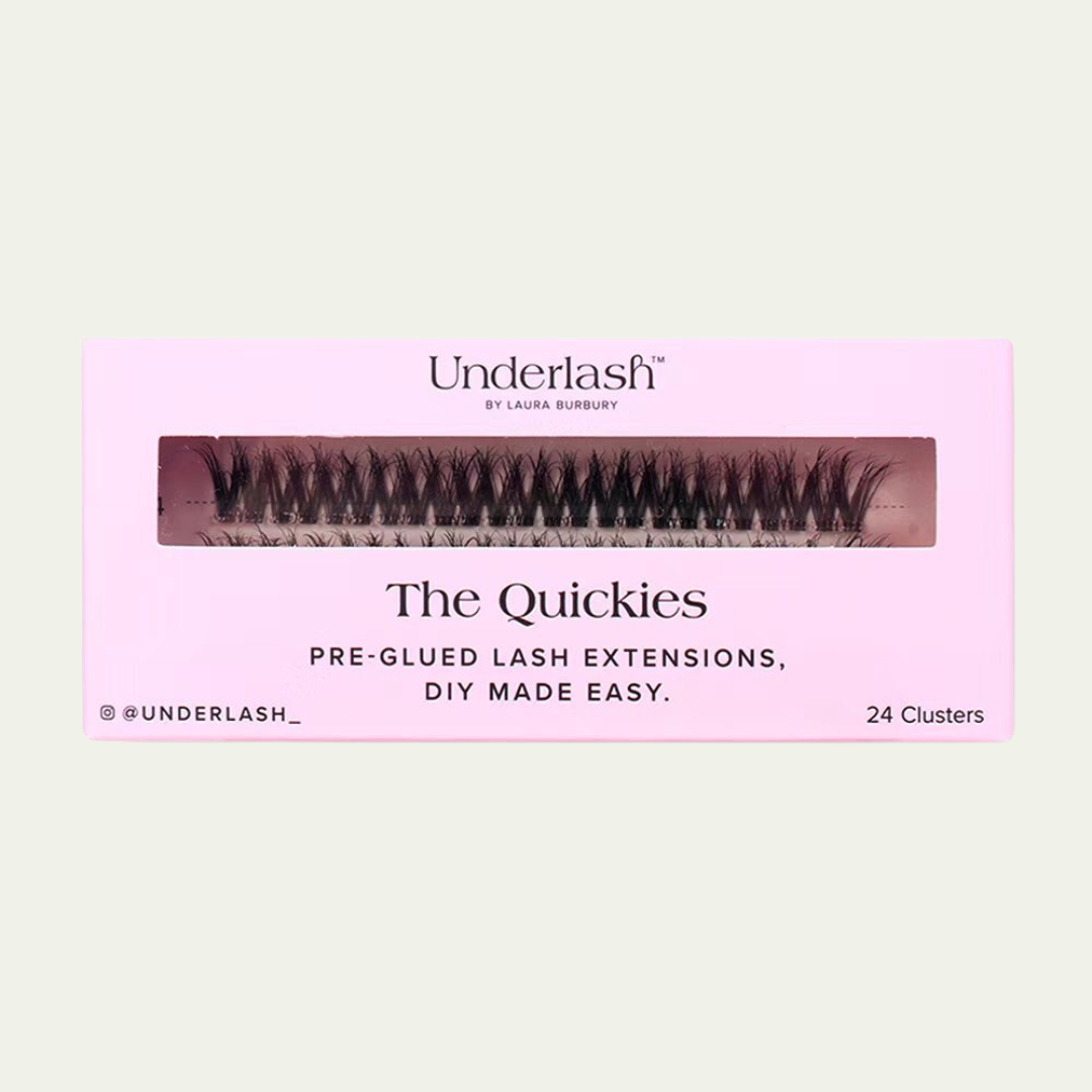 Box of Underlash The Quickies pre-glued lash extensions on a light green background