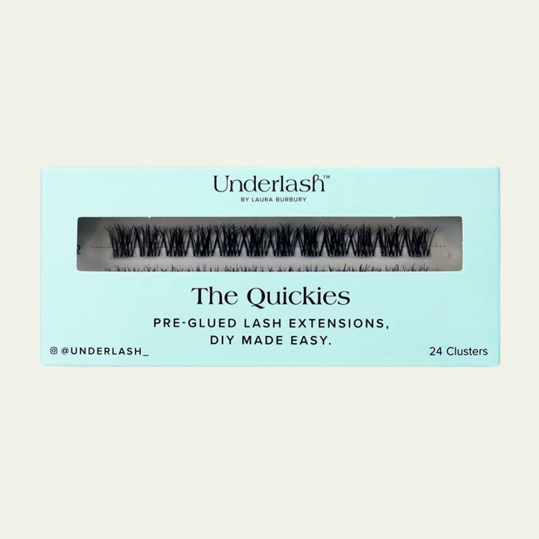 Underlash pre-glued lash extensions packaging on a light blue background