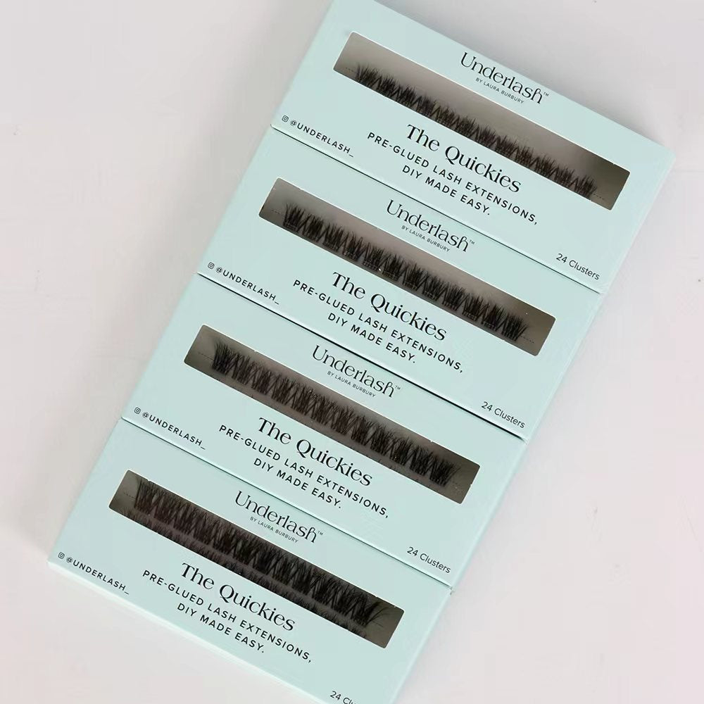 Underlash lash extensions packaging on a light pink background