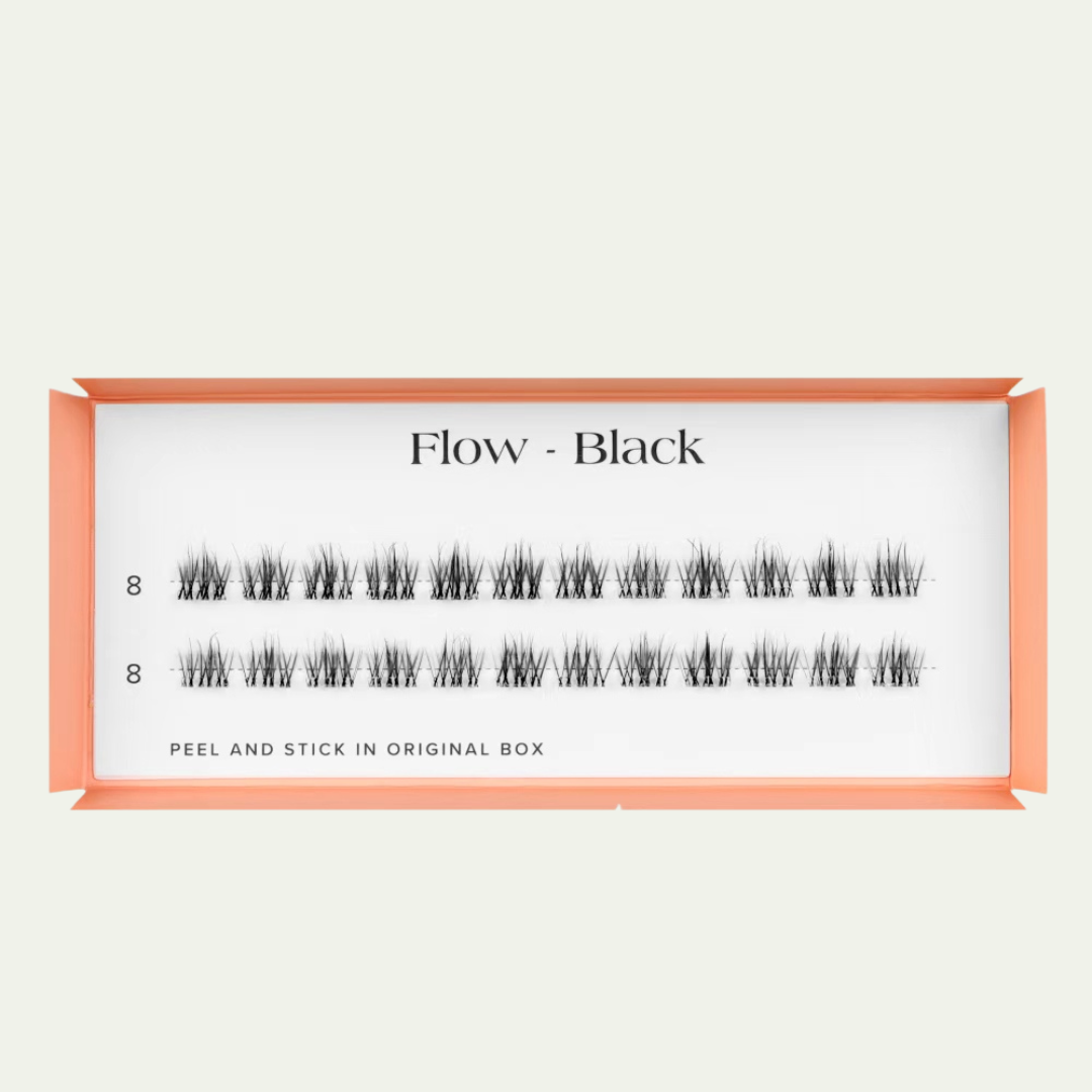 Set of false eyelashes labeled 'Flow - Black' with a white background