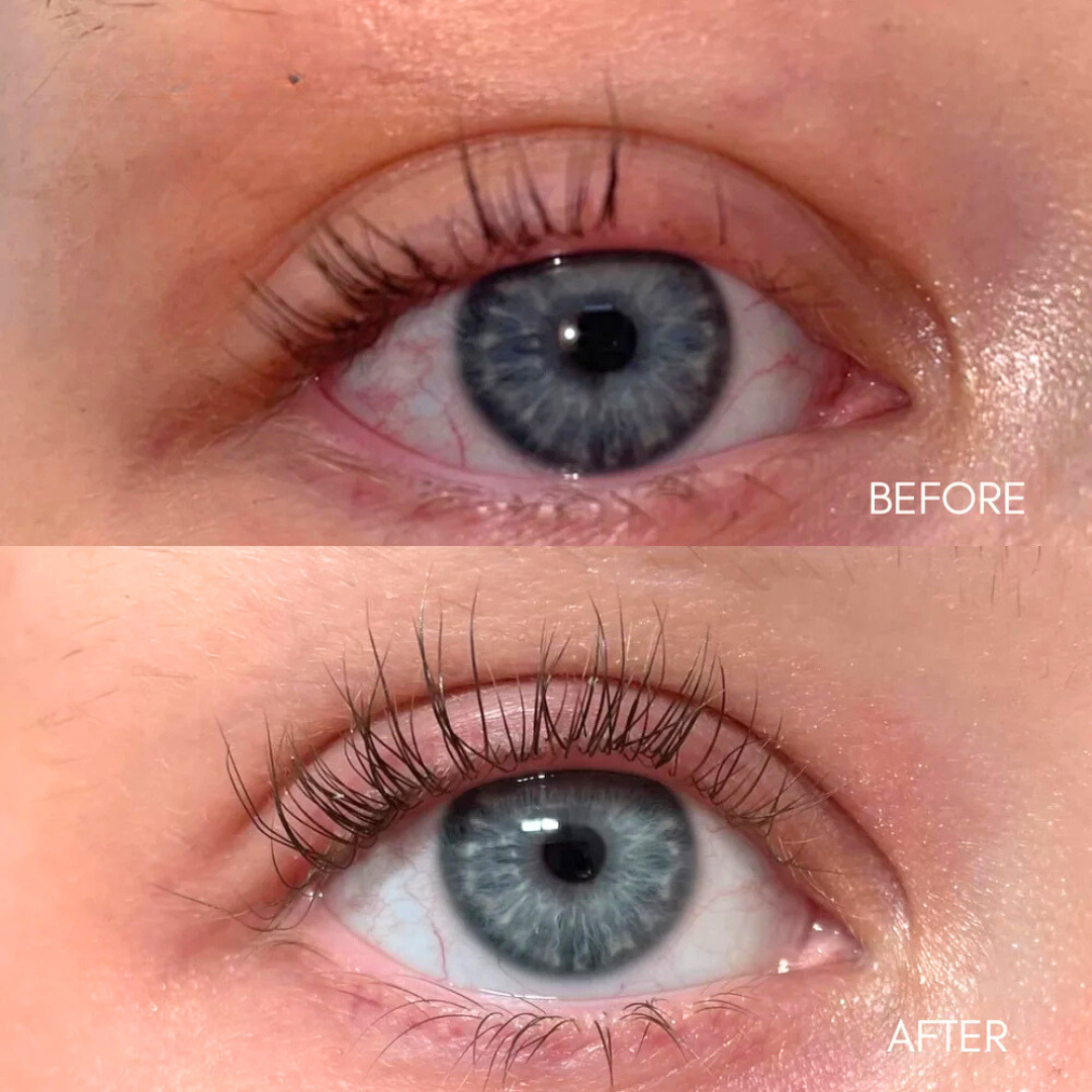 Before and after picture showing lash growth after using lash serum