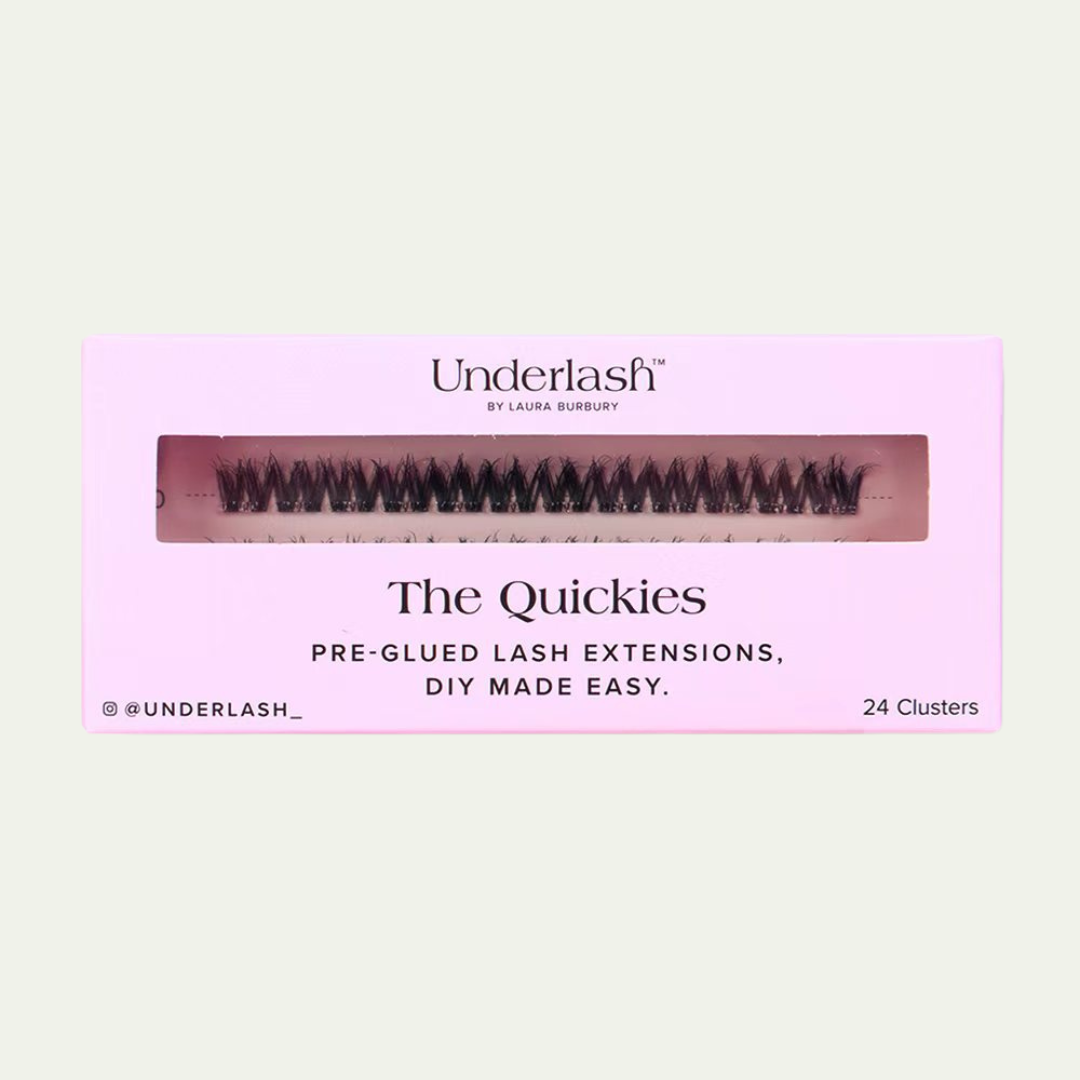 Pre-glued lash extensions packaging with 'Underlash' branding on a light pink background