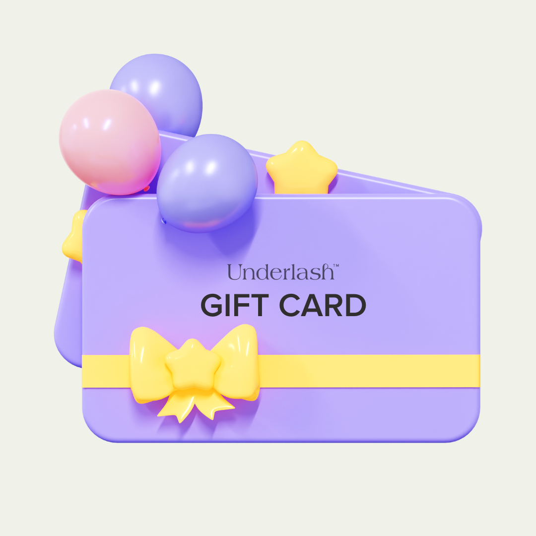 An e-gift card from Underlash with a purple background, featuring a yellow ribbon and decorative elements in pink and yellow. The card text is prominently displayed in white.